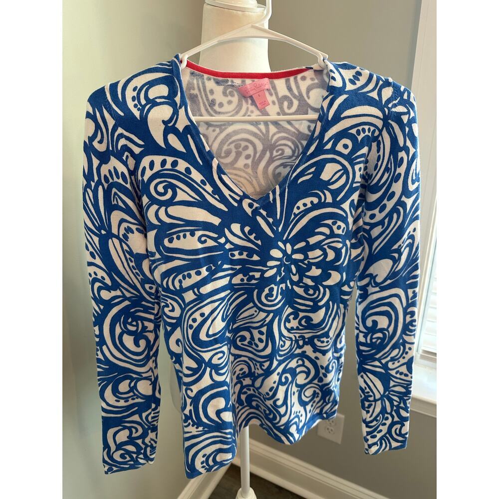 Lilly Pulitzer Blue White Swirl Print Long Sleeve Top Resort Preppy Women’s  Sm
